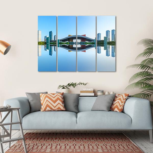 Modern City Reflection In Water Canvas Wall Art-4 Horizontal-Gallery Wrap-34" x 24"-Tiaracle