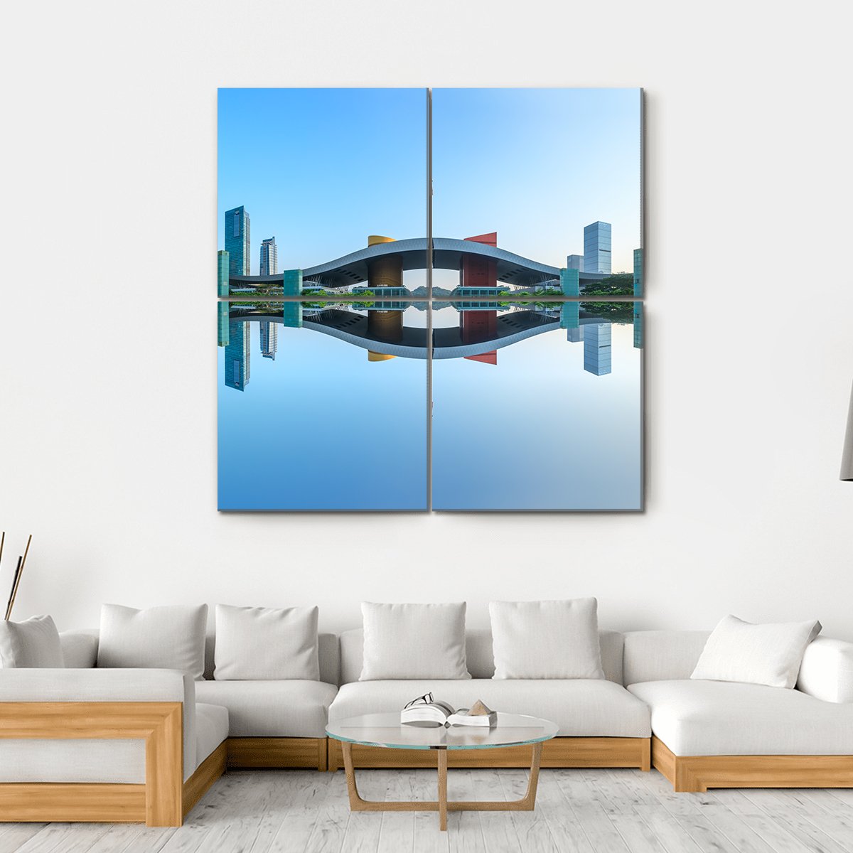 Modern City Reflection In Water Canvas Wall Art-4 Square-Gallery Wrap-17" x 17"-Tiaracle