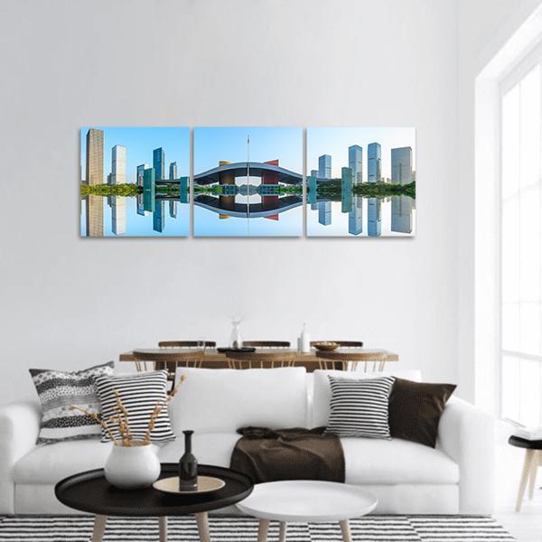 Modern City Reflection In Water Panoramic Canvas Wall Art-3 Piece-25" x 08"-Tiaracle
