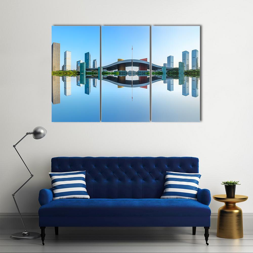 Modern City Reflection In Water Canvas Wall Art-3 Horizontal-Gallery Wrap-37" x 24"-Tiaracle