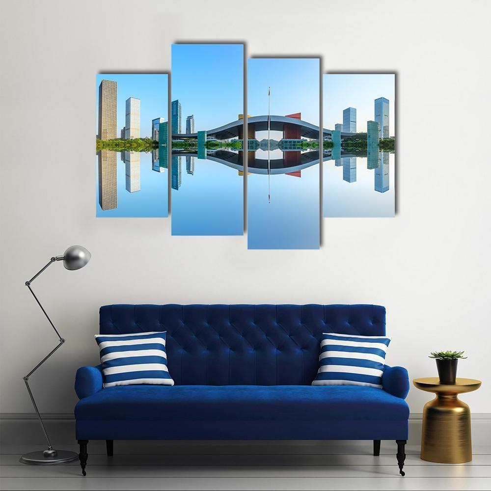Modern City Reflection In Water Canvas Wall Art-4 Pop-Gallery Wrap-50" x 32"-Tiaracle