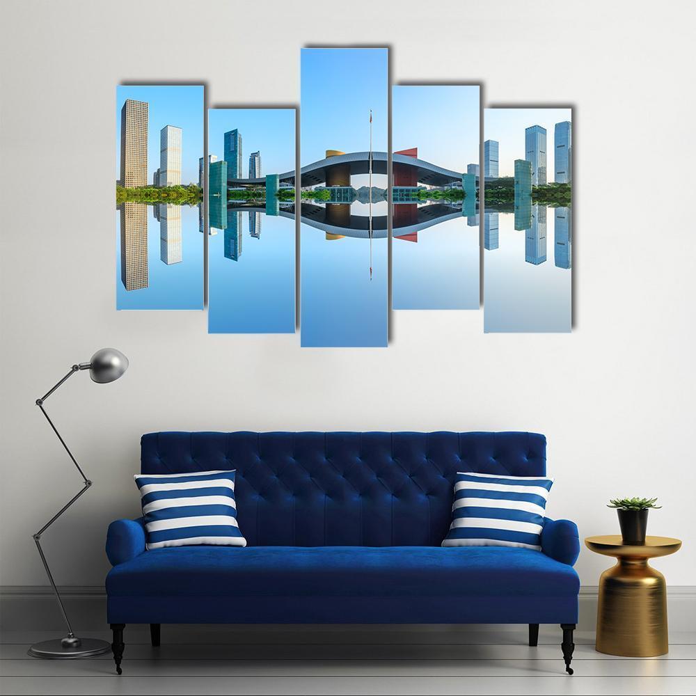 Modern City Reflection In Water Canvas Wall Art-5 Pop-Gallery Wrap-47" x 32"-Tiaracle
