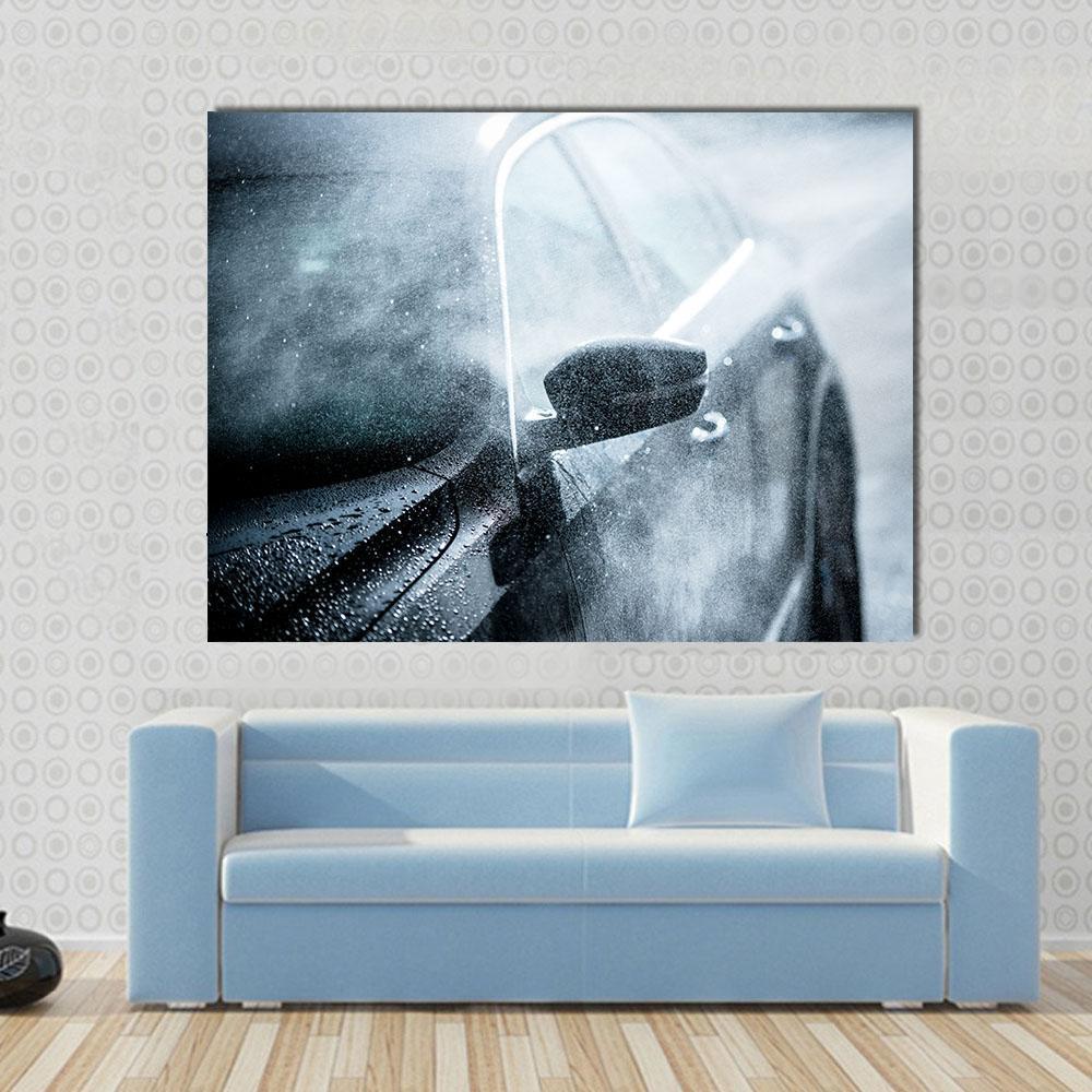 Car Covered by Water Canvas Wall Art in black, gray and blue, single panel hung on a wall