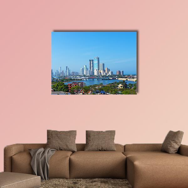 Modern Cartagena Waterfront Skyline Canvas Wall Art in white, green and blue, single panel hung on a wall