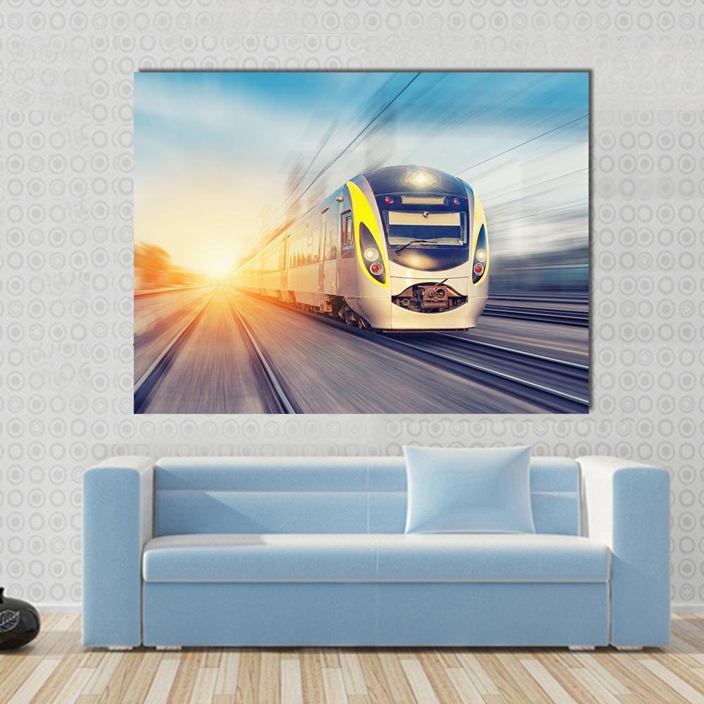 Modern High Speed Train Canvas Wall Art in gray, yellow and blue, single panel hung on a wall