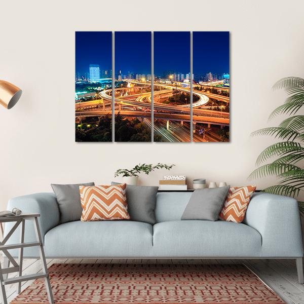 Modern Highways At Night Canvas Wall Art-4 Horizontal-Gallery Wrap-34" x 24"-Tiaracle