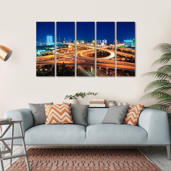 Modern Highways At Night Canvas Wall Art-5 Horizontal-Gallery Wrap-22" x 12"-Tiaracle