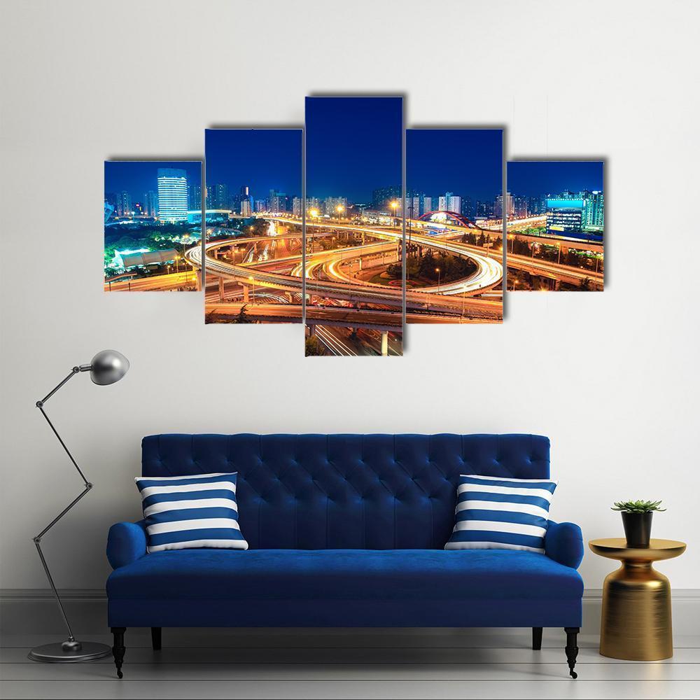 Modern Highways At Night Canvas Wall Art-5 Pop-Gallery Wrap-47" x 32"-Tiaracle