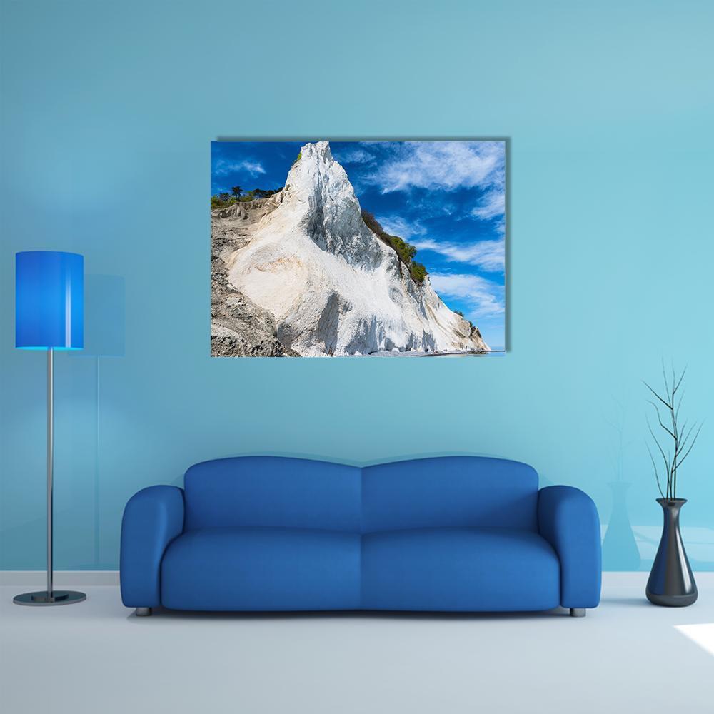 Mons Klint Cliffs Canvas Wall Art in white, gray and blue, single panel hung on a wall