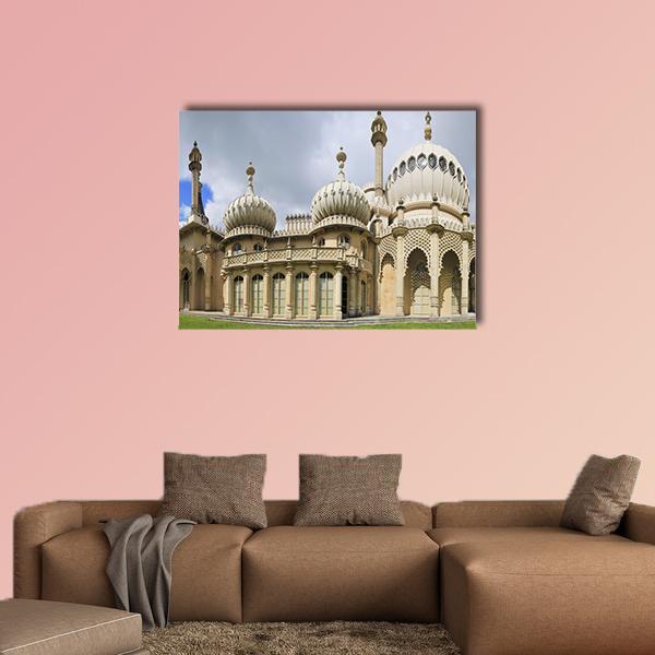 Indo-saracenic Regency Pavilion Canvas Wall Art in gray, beige and blue, single panel hung on a wall