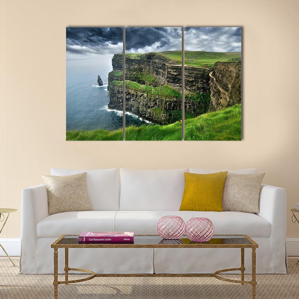 Moher Cliffs Under Clouds Canvas Wall Art-3 Horizontal-Gallery Wrap-37" x 24"-Tiaracle