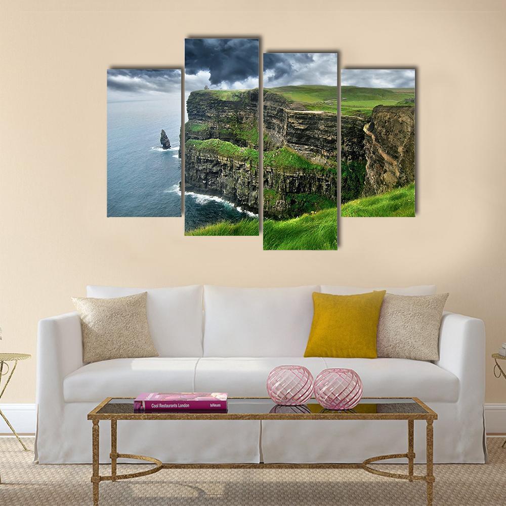Moher Cliffs Under Clouds Canvas Wall Art-4 Pop-Gallery Wrap-50" x 32"-Tiaracle
