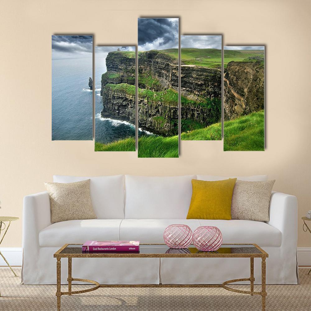 Moher Cliffs Under Clouds Canvas Wall Art-5 Pop-Gallery Wrap-47" x 32"-Tiaracle