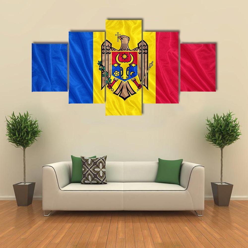 Waving Moldova Flag Canvas Wall Art-5 Star-Gallery Wrap-62" x 32"-Tiaracle