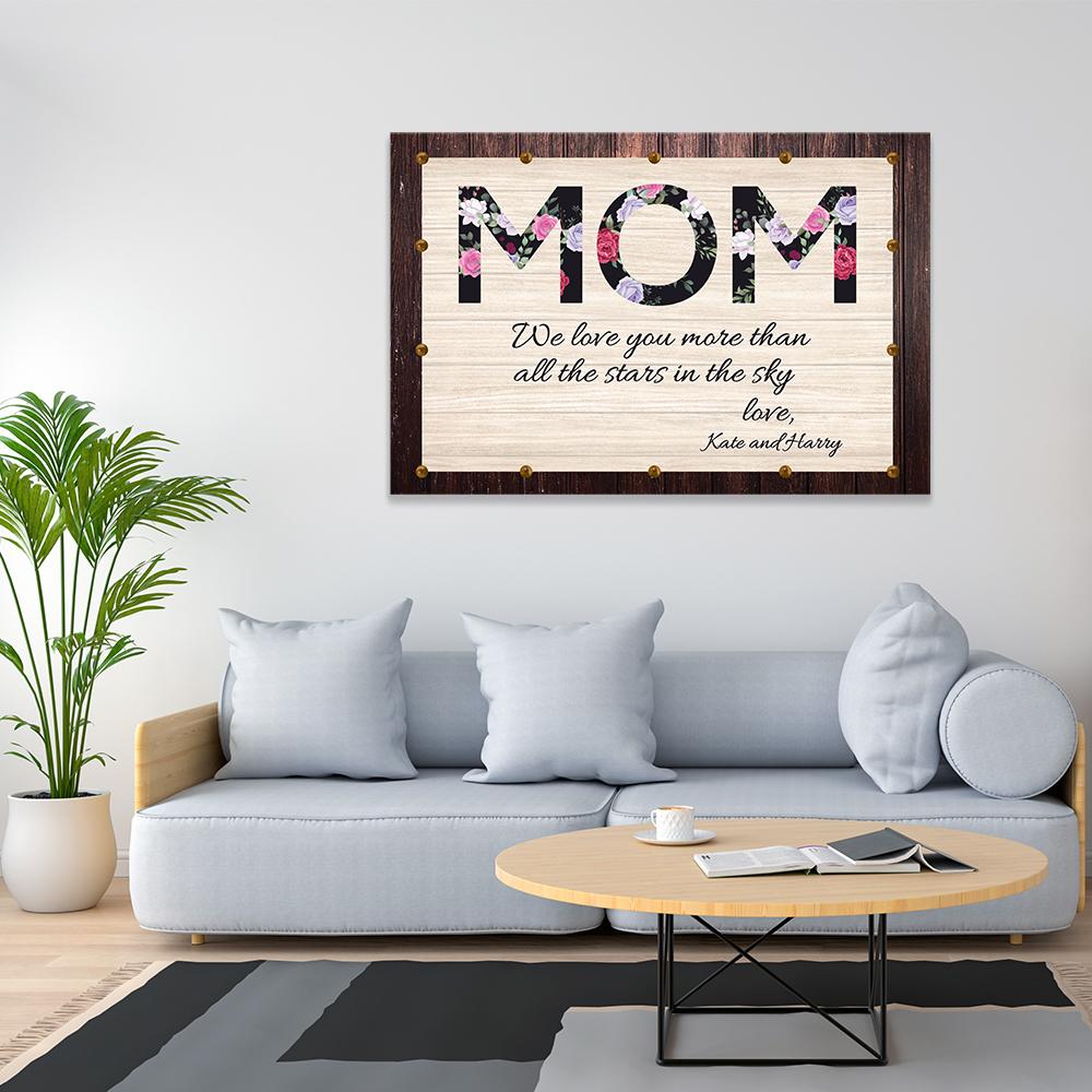 Love You More Than All the Stars — Personalized Mom Canvas Wall Art in black, beige and brown, hung on a wall