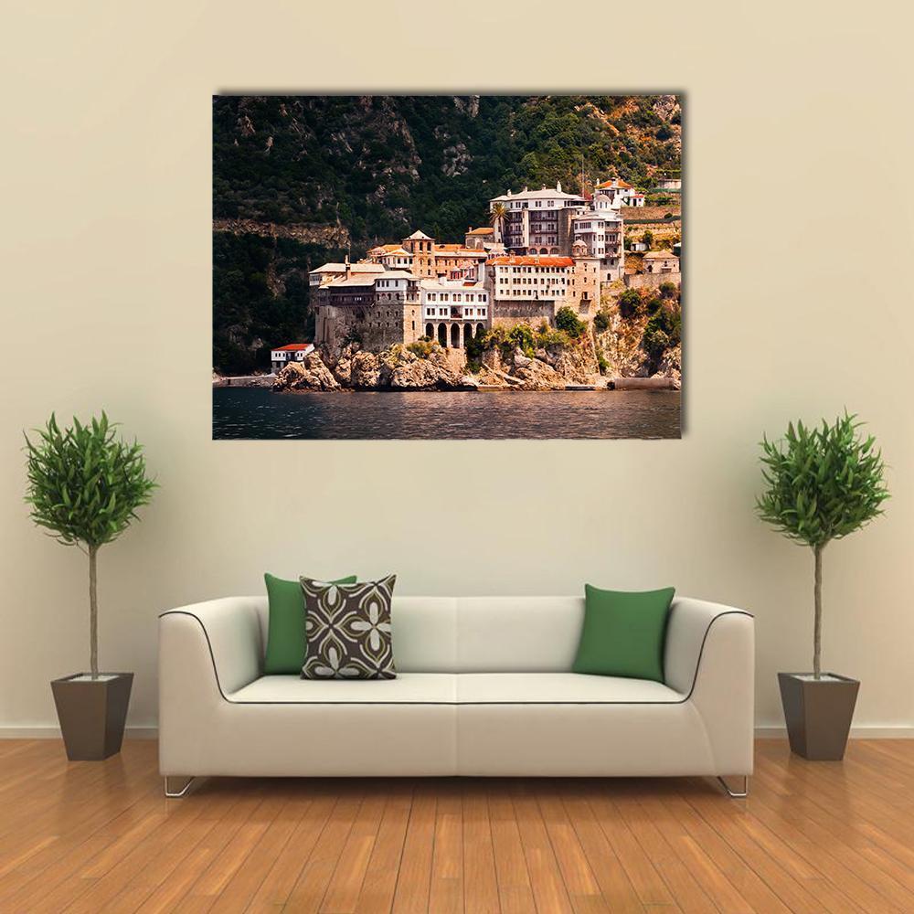 Monastery Agia Grigoriou Canvas Wall Art in gray, brown and green, single panel hung on a wall
