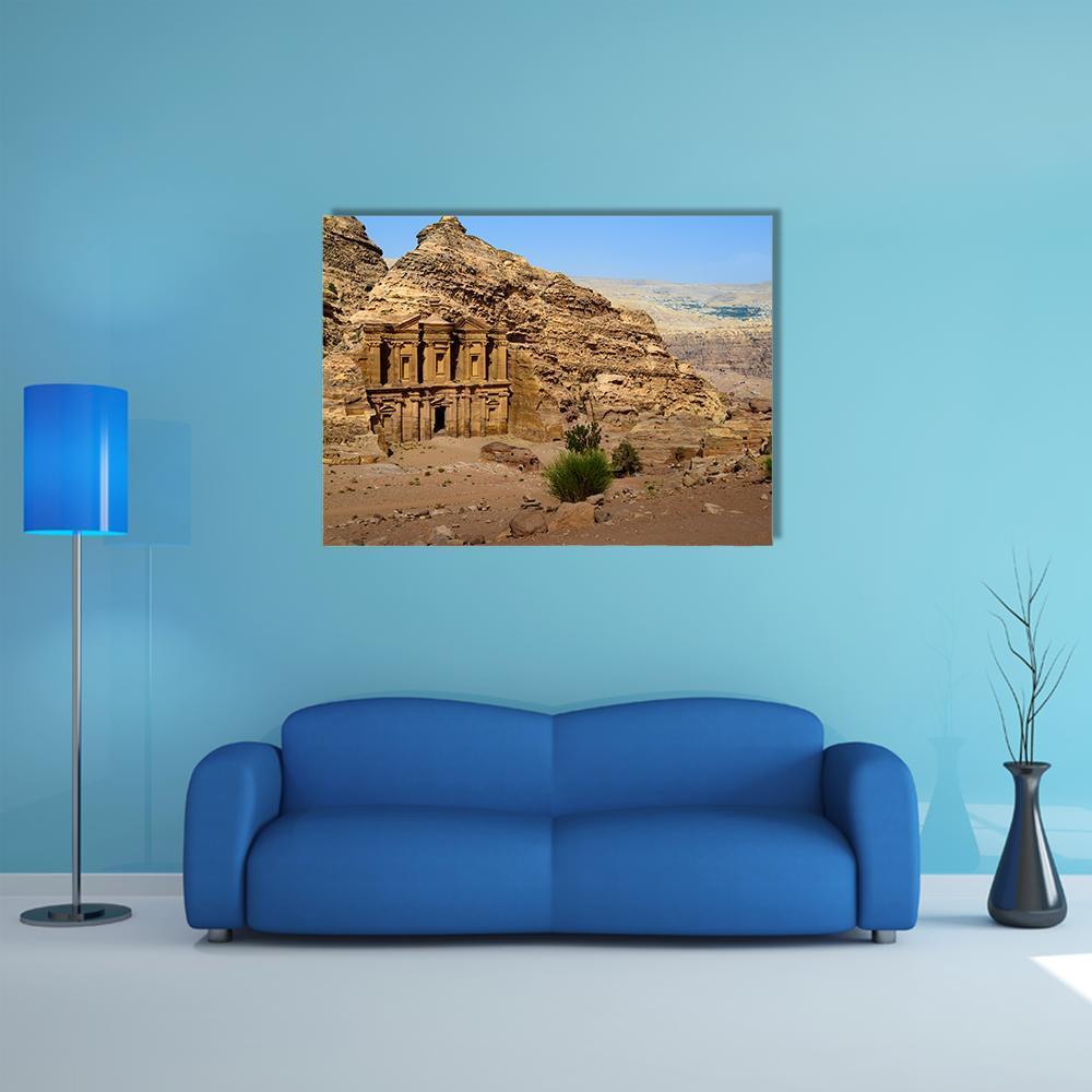 Monastery at Petra, Jordan Canvas Wall Art in beige, brown and blue, single panel hung on a wall