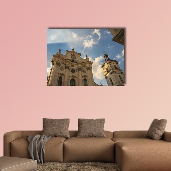 Discalced Carmelite Monastery Church, Ukraine Canvas Wall Art in gray, beige and blue, single panel hung on a wall