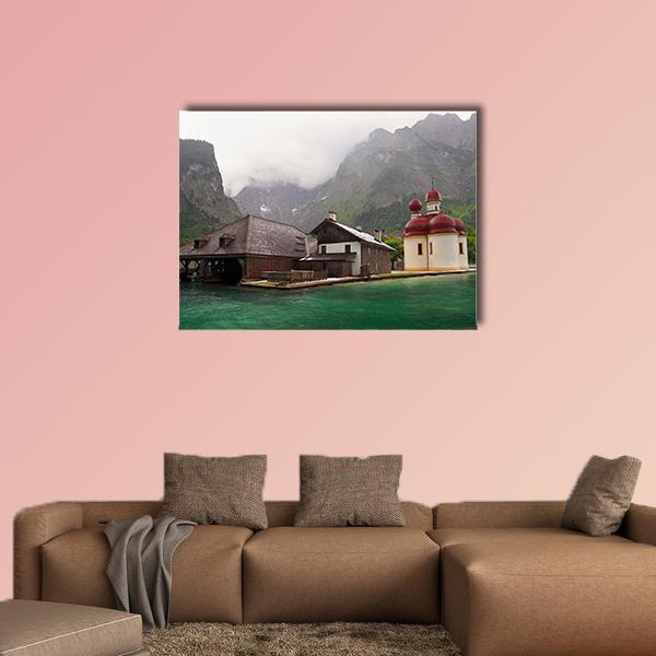 Monastery of St. Bartholomew Canvas Wall Art in white, gray and green, single panel hung on a wall