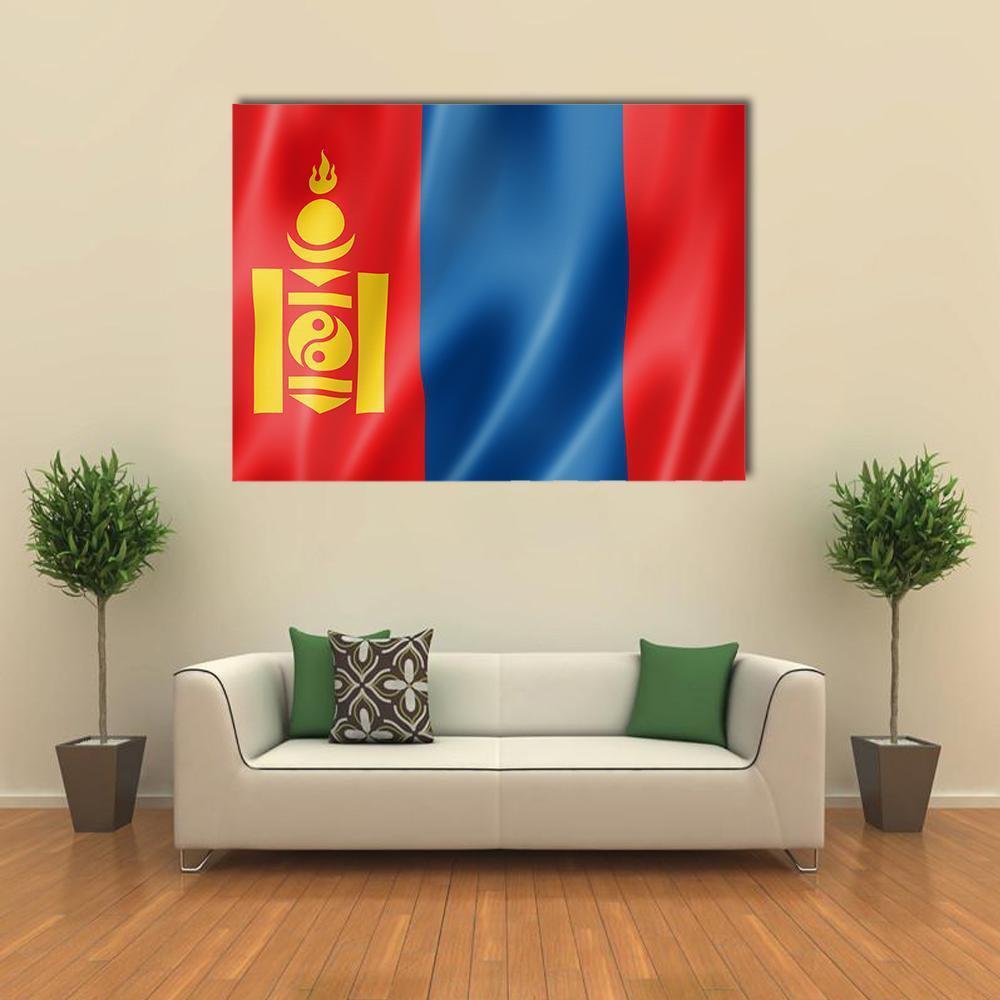 Mongolian Flag with Soyombo Symbol Canvas Wall Art in red, yellow and blue, single panel hung on a wall