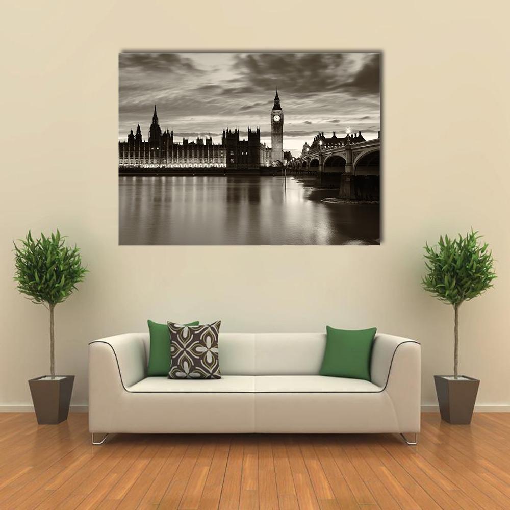Monochrome Big Ben at Twilight Canvas Wall Art in black, white and gray, single panel hung on a wall
