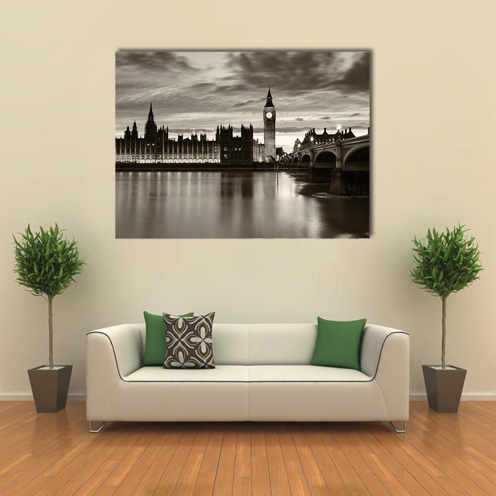 Monochrome Big Ben Canvas Wall Art-5 Horizontal-Gallery Wrap-22" x 12"-Tiaracle