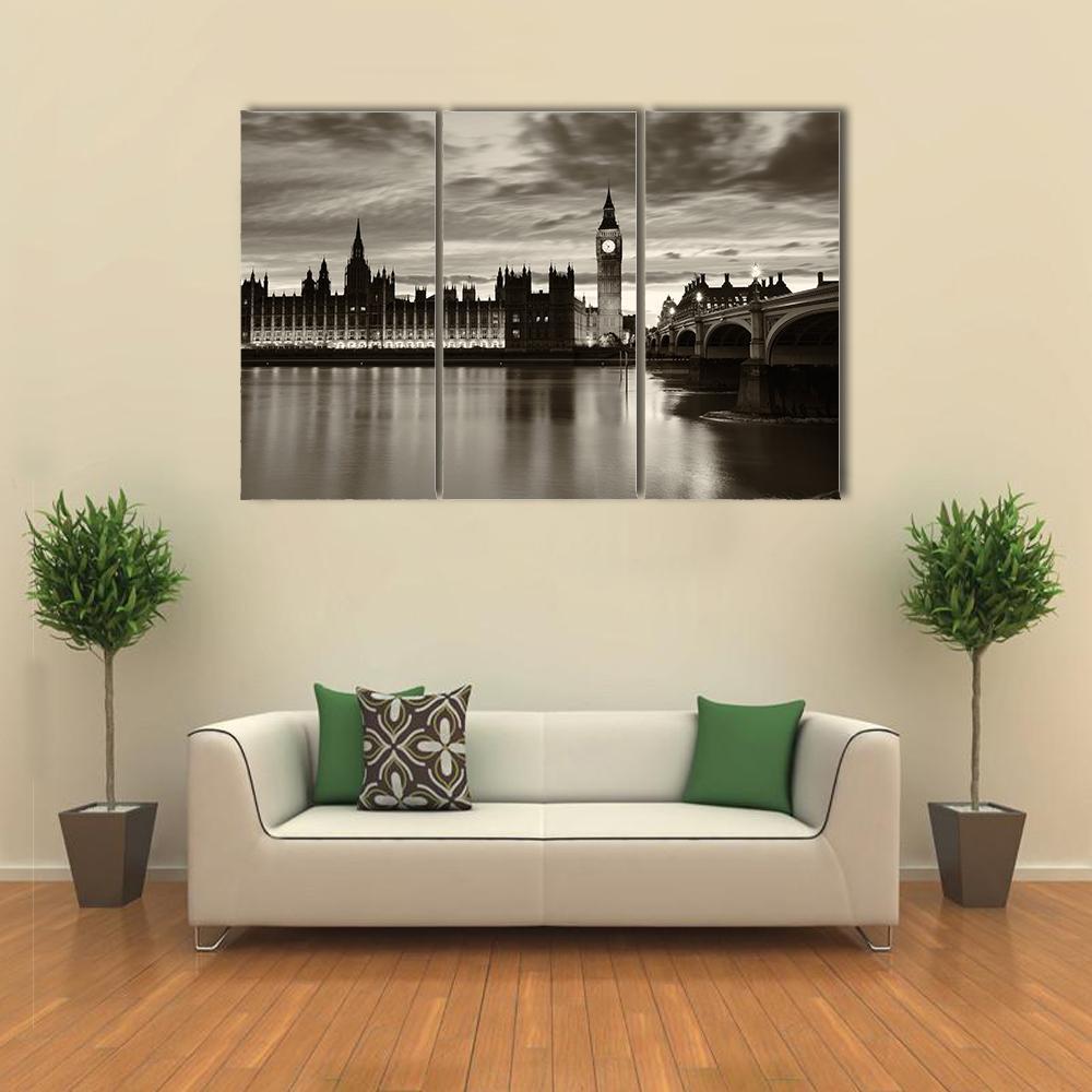 Monochrome Big Ben Canvas Wall Art-3 Horizontal-Gallery Wrap-37" x 24"-Tiaracle