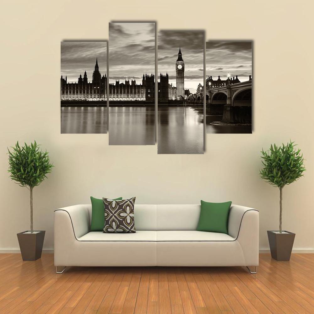 Monochrome Big Ben Canvas Wall Art-4 Pop-Gallery Wrap-50" x 32"-Tiaracle