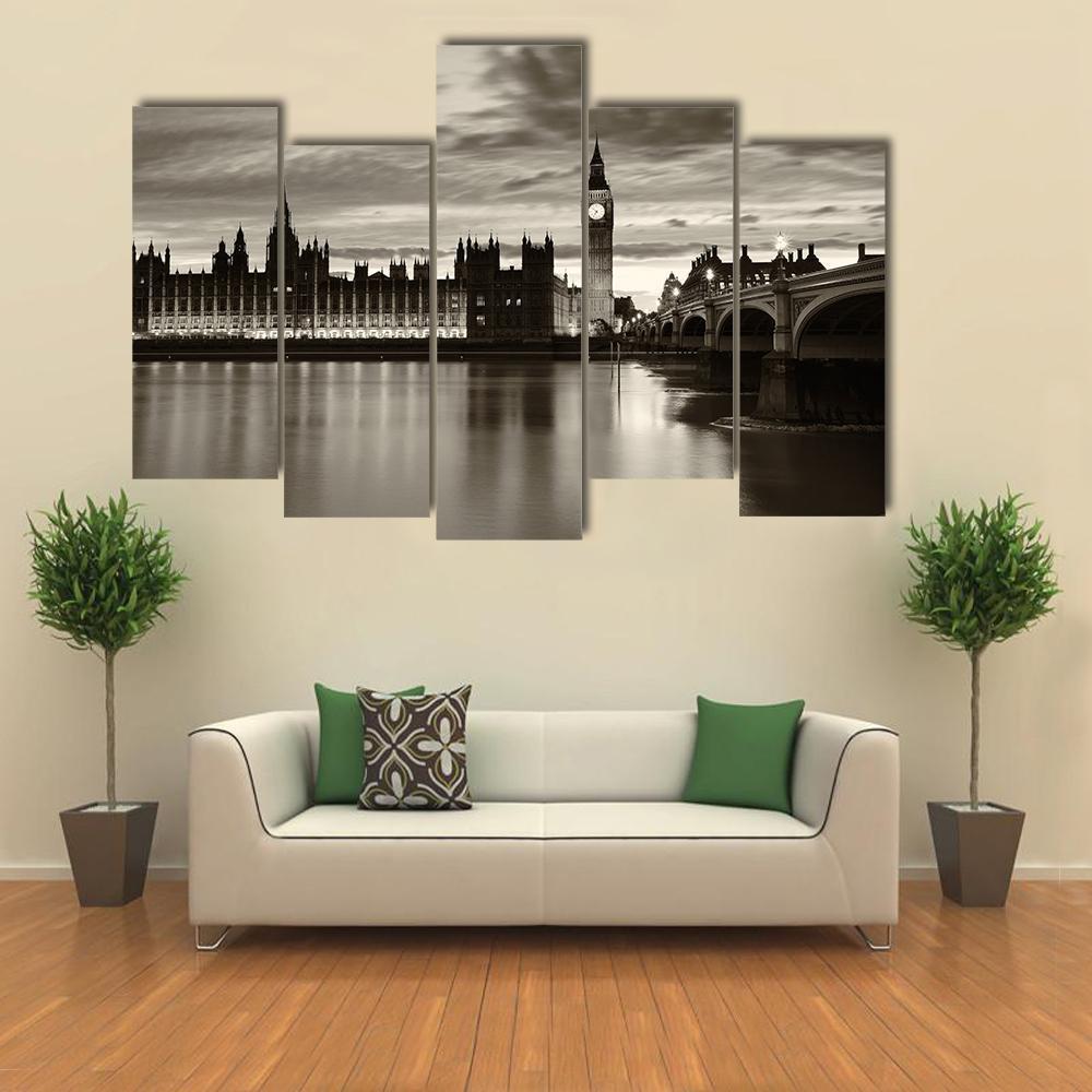Monochrome Big Ben Canvas Wall Art-5 Pop-Gallery Wrap-47" x 32"-Tiaracle