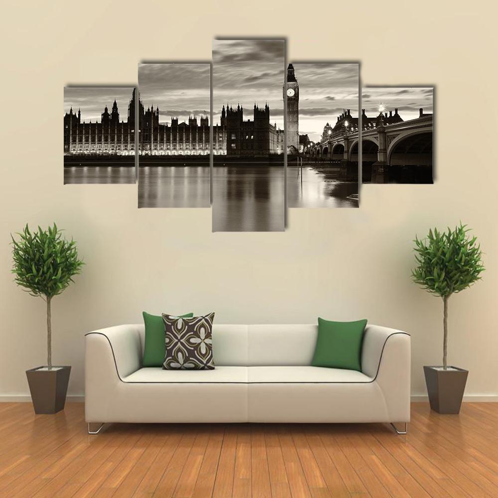 Monochrome Big Ben Canvas Wall Art-5 Star-Gallery Wrap-62" x 32"-Tiaracle