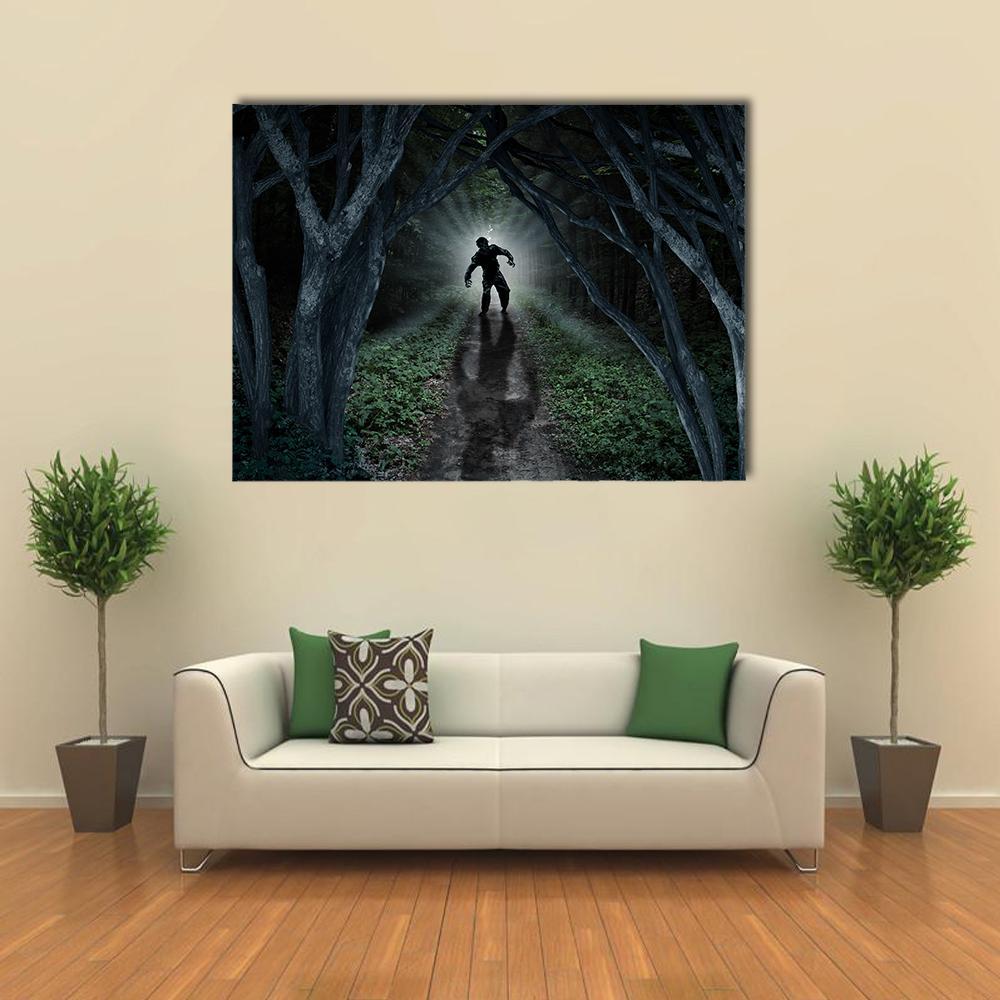 Zombie Silhouette in Dark Forest Canvas Wall Art in black, gray and green, single panel hung on a wall