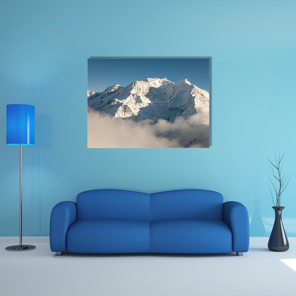 Mont Blanc in Winter Canvas Wall Art in white, gray and blue, single panel hung on a wall