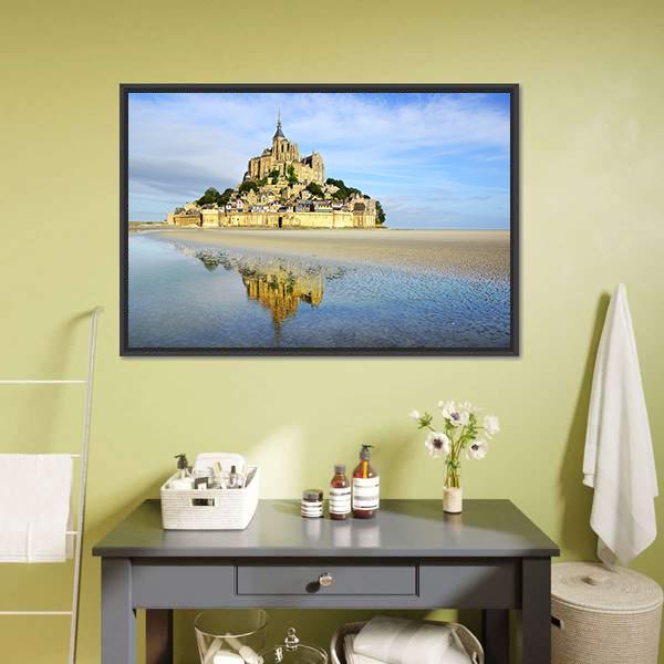 Mont Saint-michel Abbey on Tidal Flats Canvas Wall Art in gray, beige and blue, framed canvas, product view on a white background