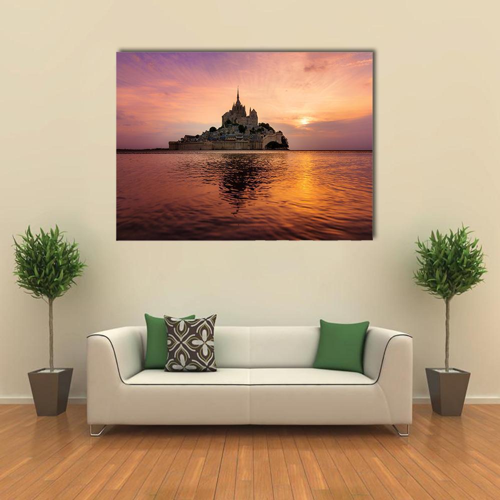 Mont Saint-michel Sunset Reflection Canvas Wall Art in orange, purple and pink, single panel hung on a wall