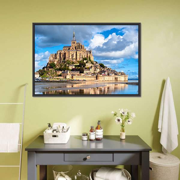 Mont Saint-michel Canvas Wall Art in beige, brown and blue, framed canvas, product view on a white background