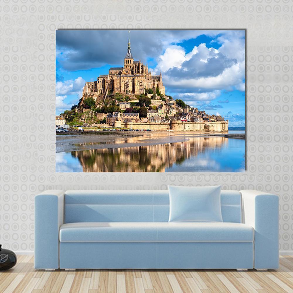 Mont Saint-michel Canvas Wall Art in beige, brown and blue, single panel hung on a wall