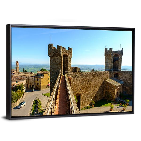 Montalcino Castle Canvas Wall Art in beige, brown and blue, framed canvas, product view on a white background