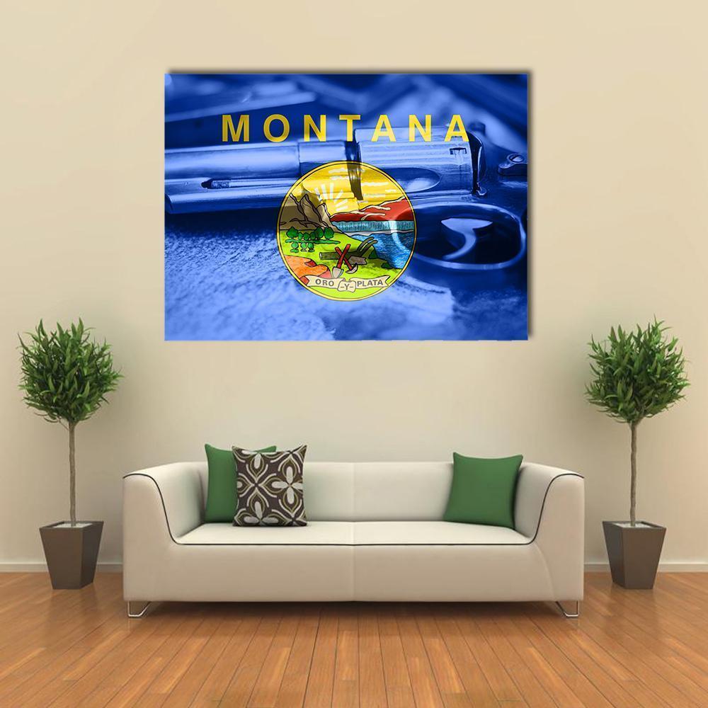 Montana Flag on Firearm Canvas Wall Art in gold, yellow and blue, single panel hung on a wall