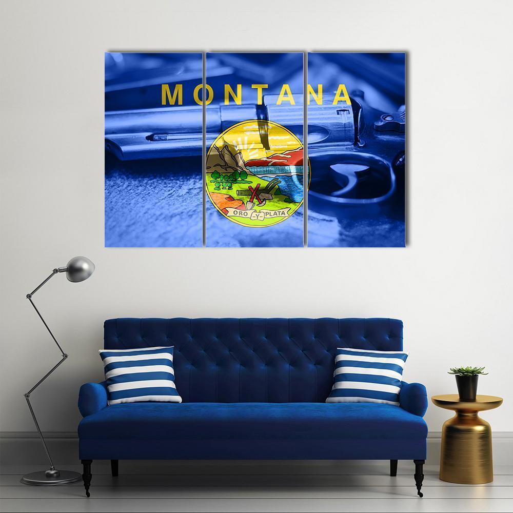 Montana Flag With Gun Canvas Wall Art-3 Horizontal-Gallery Wrap-37" x 24"-Tiaracle