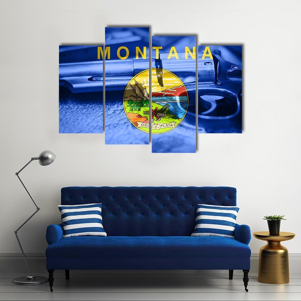 Montana Flag With Gun Canvas Wall Art-4 Pop-Gallery Wrap-50" x 32"-Tiaracle