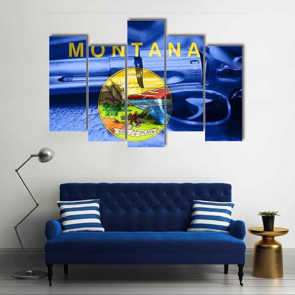 Montana Flag With Gun Canvas Wall Art-5 Pop-Gallery Wrap-47" x 32"-Tiaracle