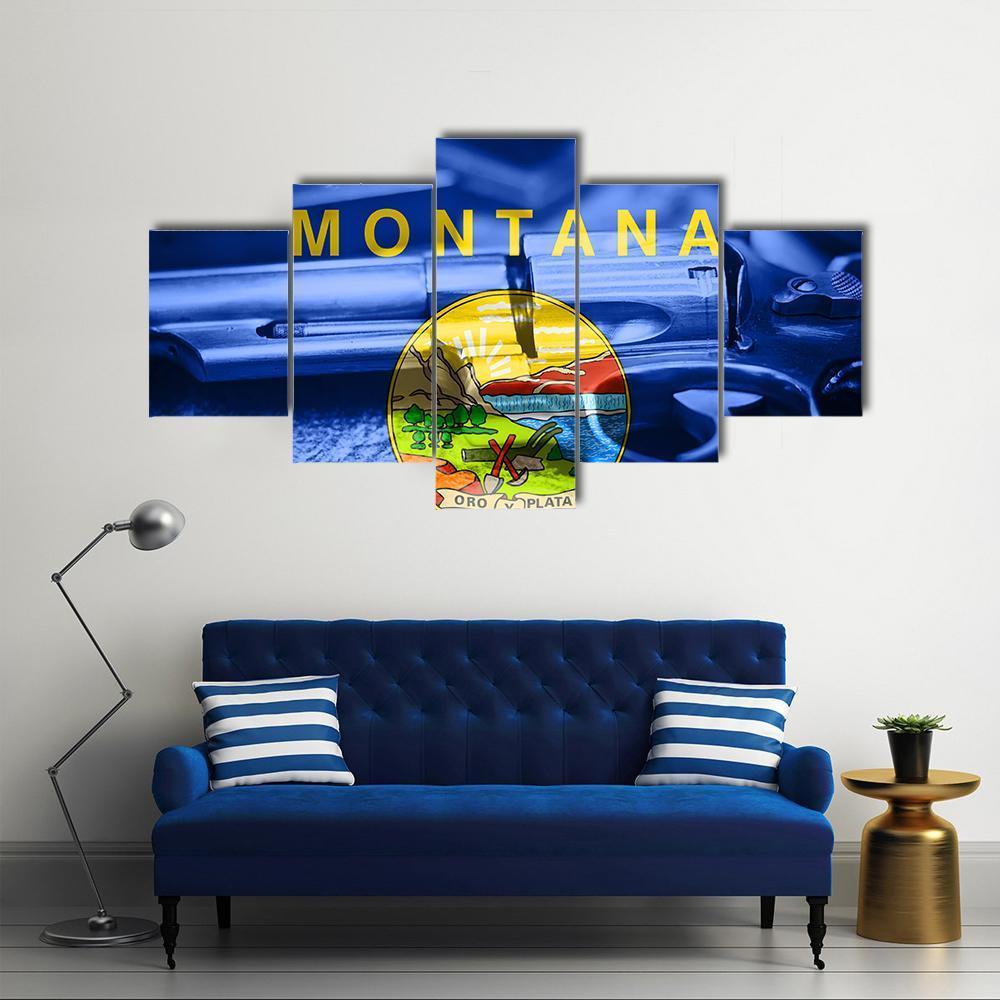 Montana Flag With Gun Canvas Wall Art-5 Star-Gallery Wrap-62" x 32"-Tiaracle