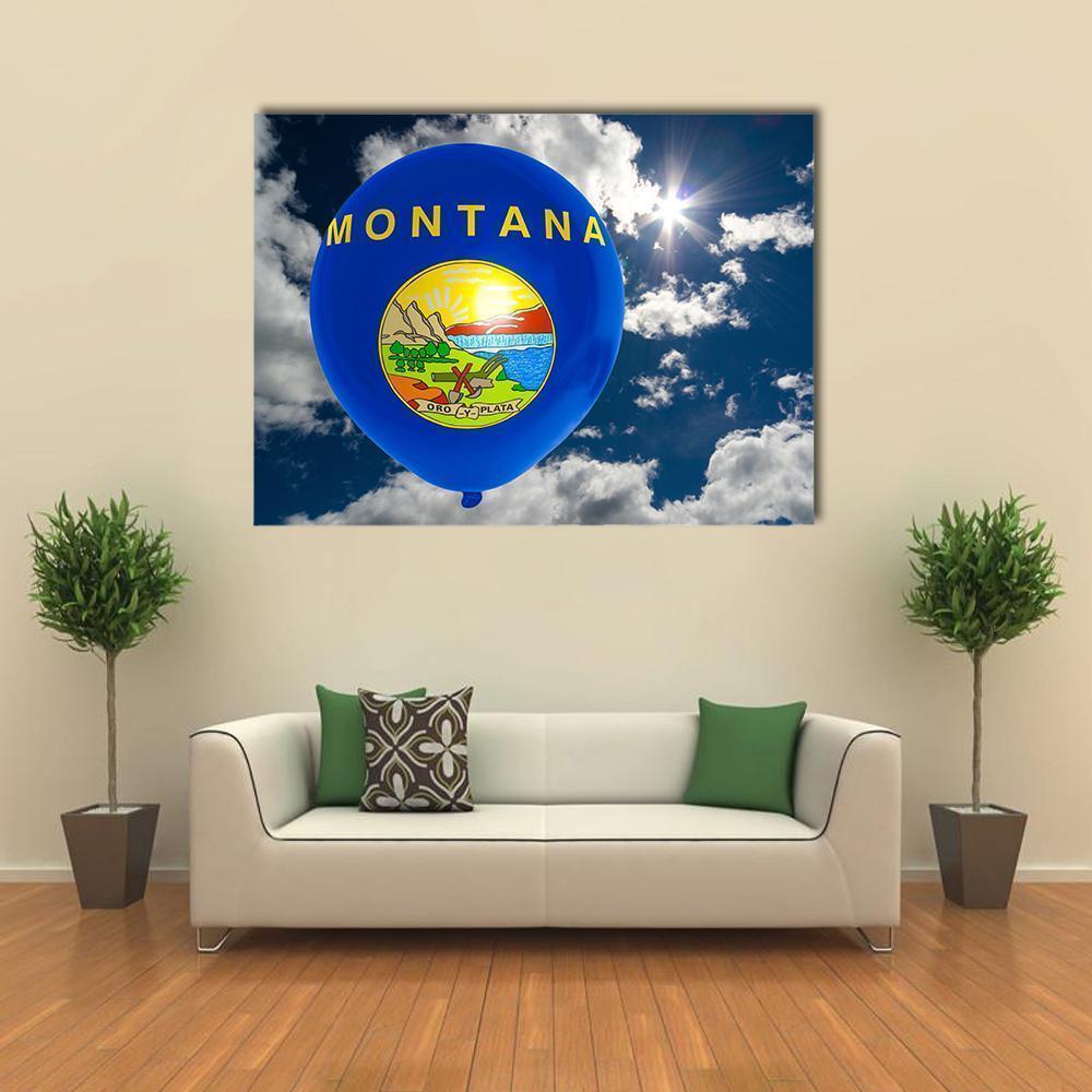 Montana State Flag Balloon Canvas Wall Art in white and blue, single panel hung on a wall