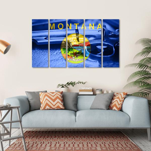 Montana Flag With Gun Canvas Wall Art-5 Horizontal-Gallery Wrap-22" x 12"-Tiaracle