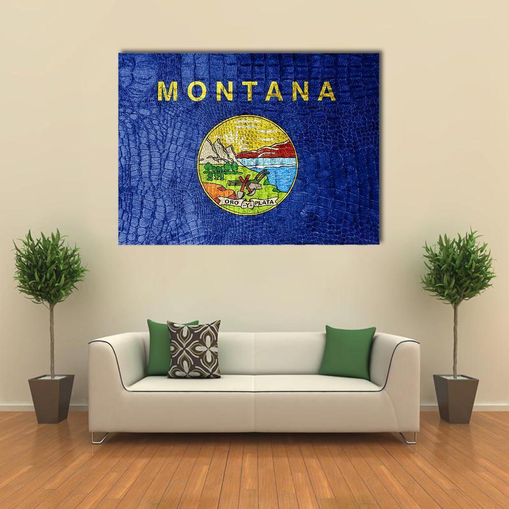 Vintage Montana Flag with State Seal Canvas Wall Art in gold and blue, single panel hung on a wall