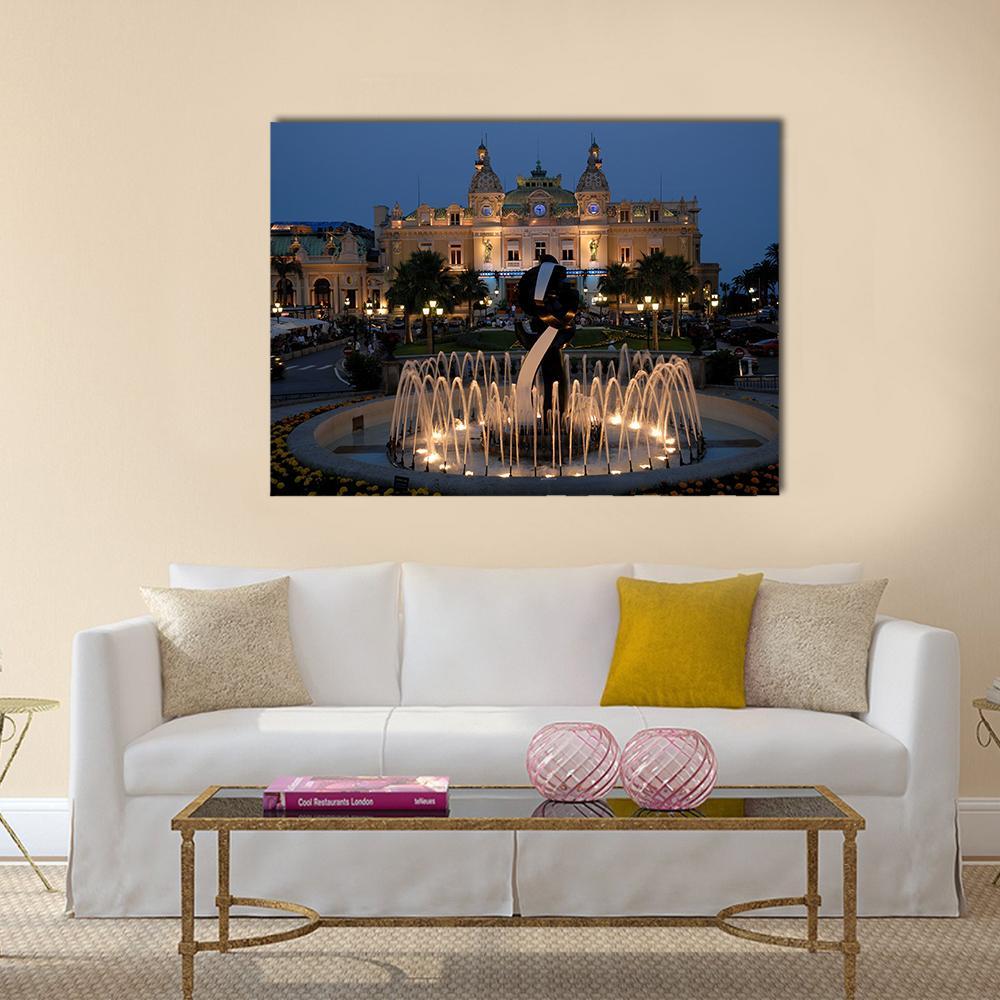 Casino De Monte-carlo at Twilight Canvas Wall Art in black, yellow and blue, single panel hung on a wall