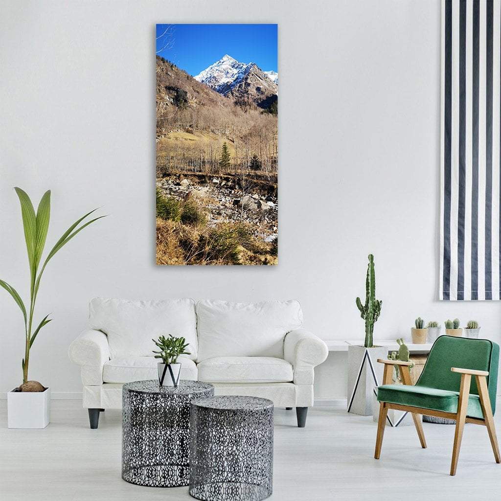 Monte Rosa Snow Peak Vertical Canvas Wall Art in white, brown and blue, single vertical panel hung on a wall