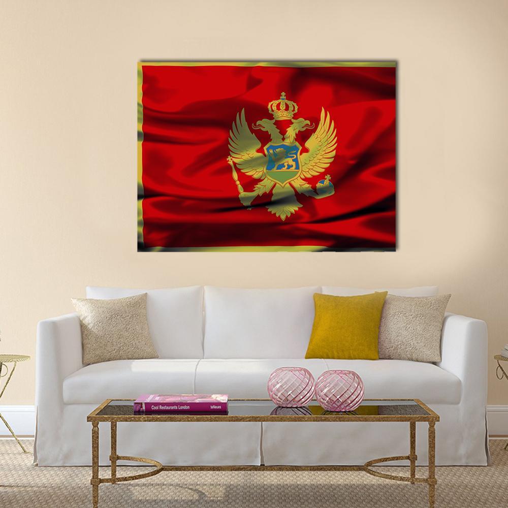 Montenegrin Flag with Double-headed Eagle Canvas Wall Art in gold and red, single panel hung on a wall
