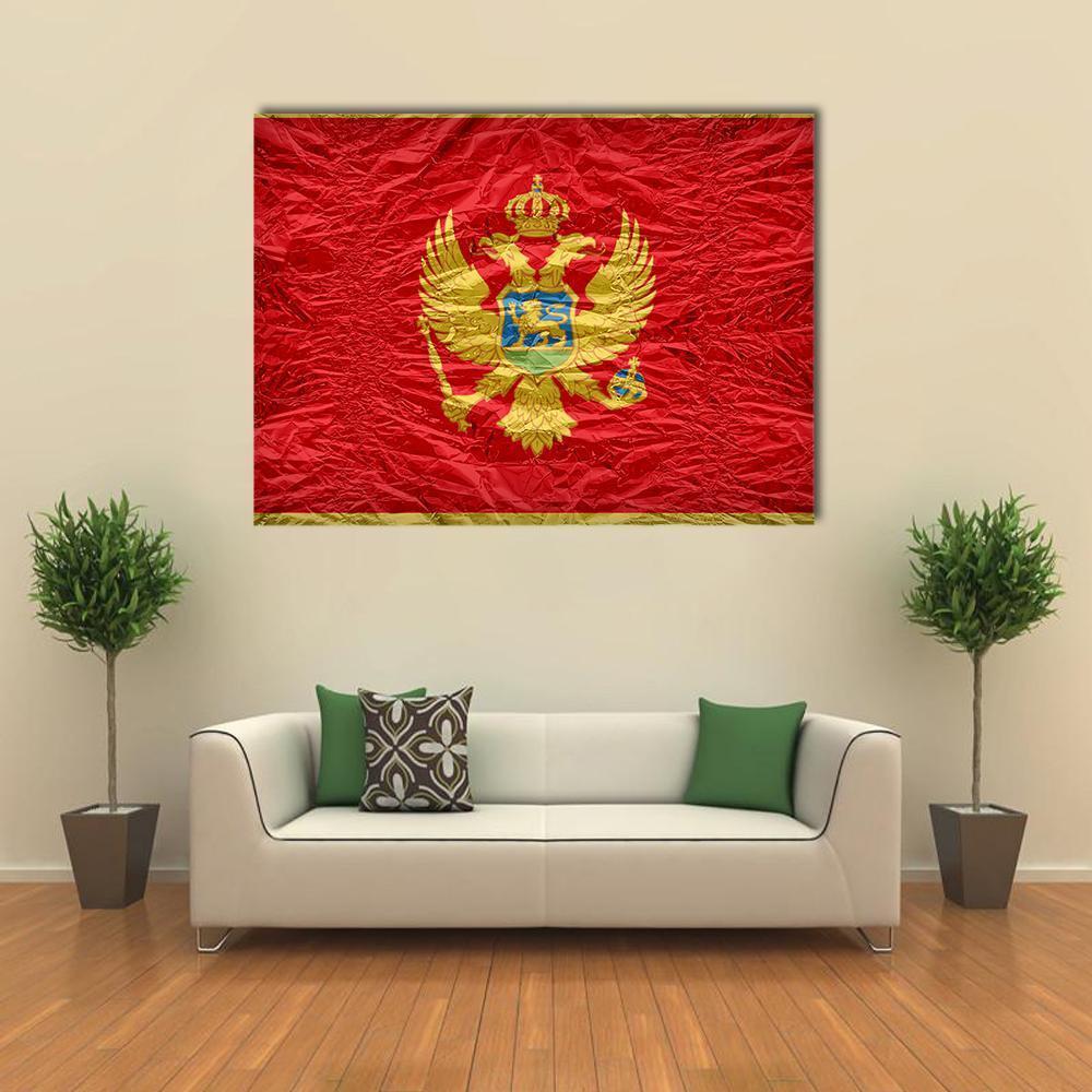 Montenegro Flag with Gold Coat of Arms Canvas Wall Art in gold and red, single panel hung on a wall