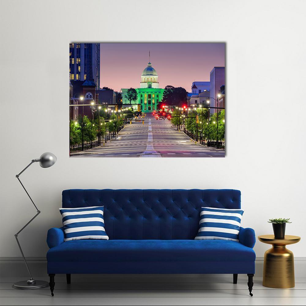 Alabama State Capitol at Night Canvas Wall Art in gray, green and purple, single panel hung on a wall